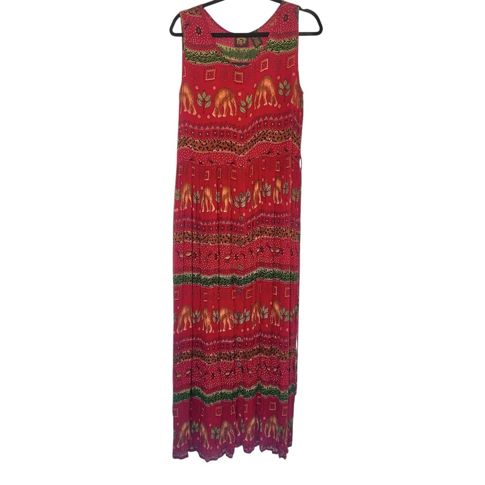 Vintage Bila Maxi Dress Women's Large Red Sleeveless Elephants 90s Boho Festival